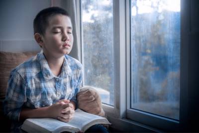 boy reading bible and praying near window